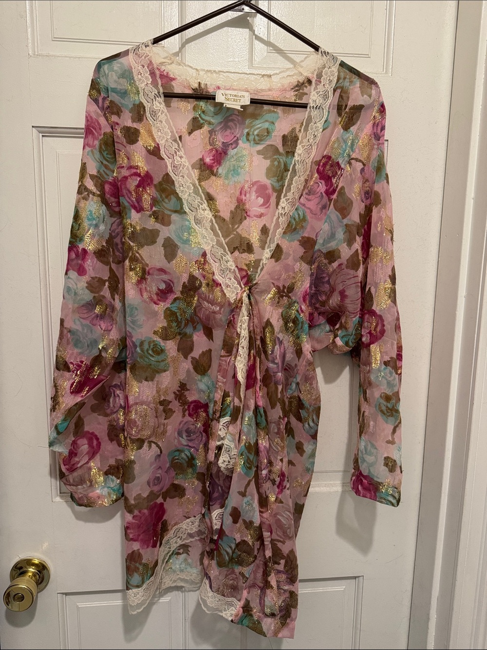 Vintage Victoria’s Secret Gold Line Floral and Gold See-through Robe Size M/L